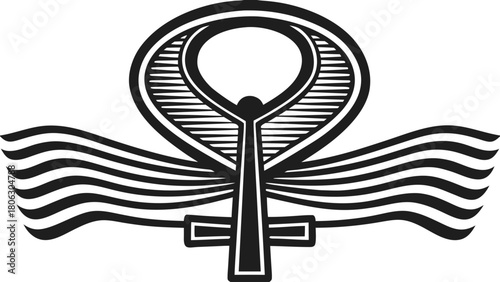 Stylized egyptian ankh symbol with flowing wavy lines on a black background