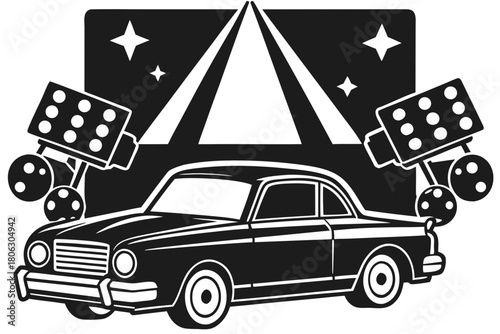 Classic car at a drive in movie theater with vintage film projectors and screen