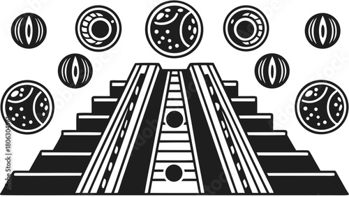Stylized mesoamerican pyramid with celestial orbs and geometric patterns