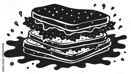Hand drawn illustration of a tall stacked sandwich with dripping sauce and splashes