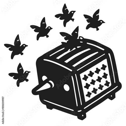 Whimsical toaster with a pinocchio nose and birds flying around it