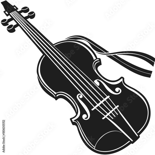 Elegant dark silhouette of a violin with a flowing ribbon against a black background