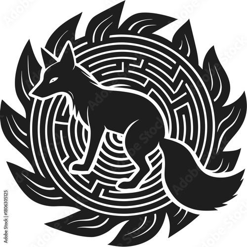 Mysterious fox silhouette centered within a circular maze and fiery border