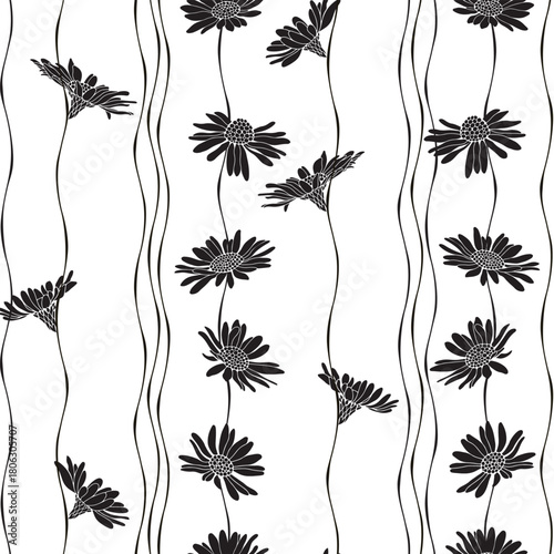 Chamomile. Stylish black and white seamless pattern. Vector. Abstract nature background.  Perfect for design templates, wallpaper, wrapping, fabric, print and textile.