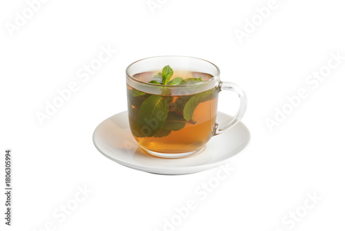 Mint tea in a cup, isolated against a white backdrop

