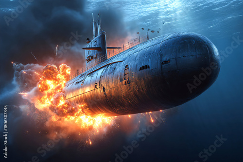 Ballistic missile launched from submarine during underwater operation Generative AI