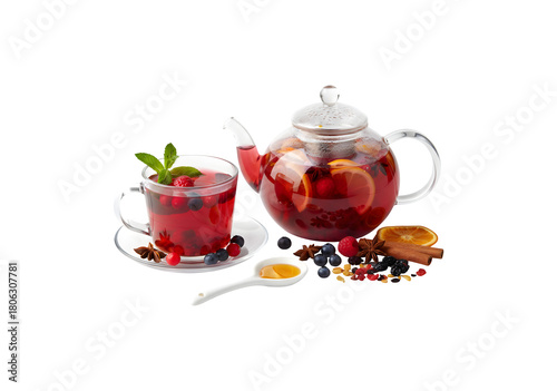 Hot fruit and berry tea concept displayed on white background.


