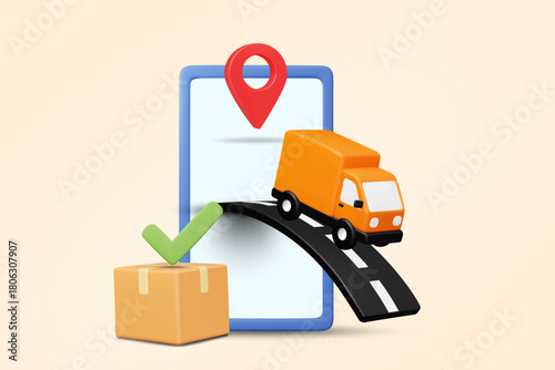 3D vector illustration rendering of e-commerce logistics service concept, online shipment tracking and delivery confirmation with truck, road, map pin and packaging box, check mark and smartphone.