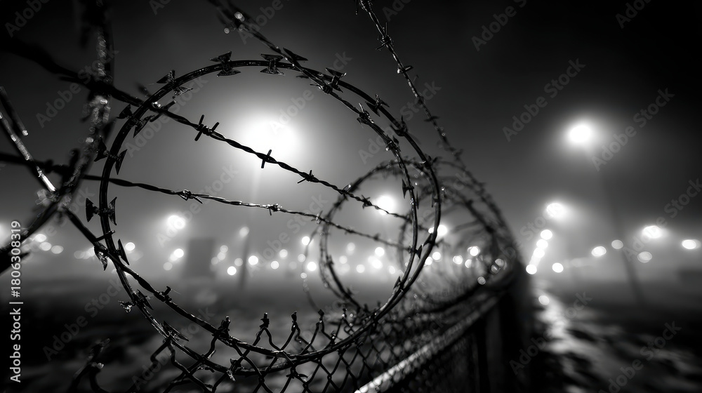 Fototapeta premium Black and white photo of coiled barbed wire fence in foggy night with bright streetlights glowing through mist along empty road or pathway outside
