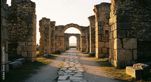 Ancient Roman Ruins with Arches and Stone Pavement at Sunset.