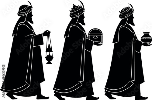 Three wise men silhouette, journeying and bringing gifts.
