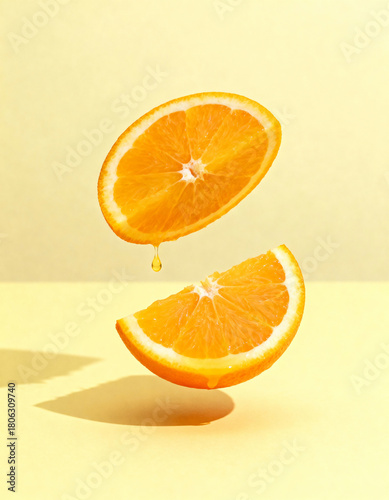 Slices of fresh orange falling on color background, closeup