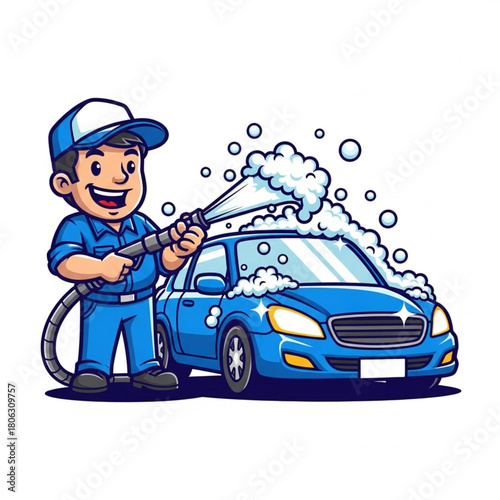 Happy Car Wash Worker Spraying Foam Cartoon Logo