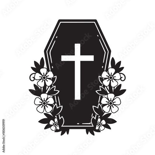 Coffin with cross and flowers vector illustration. Funeral casket silhouette with floral wreath isolated on white background. Death and memorial symbol.
