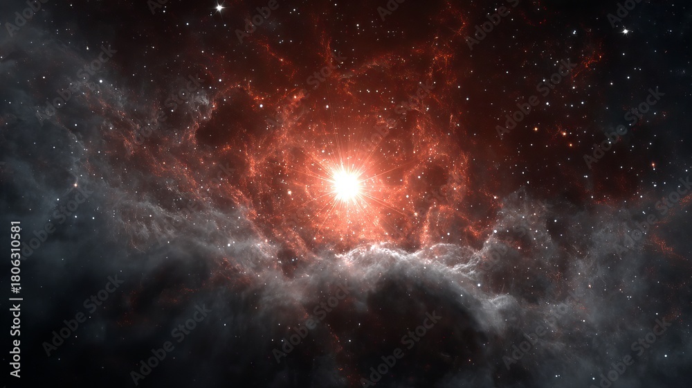 Fototapeta premium Red cosmic nebula with bright central star glowing in dark outer space with swirling gas clouds astronomy background for science and galaxy themed design