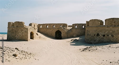 Ancient stone fort ruins standing in a vast sandy desert landscape.