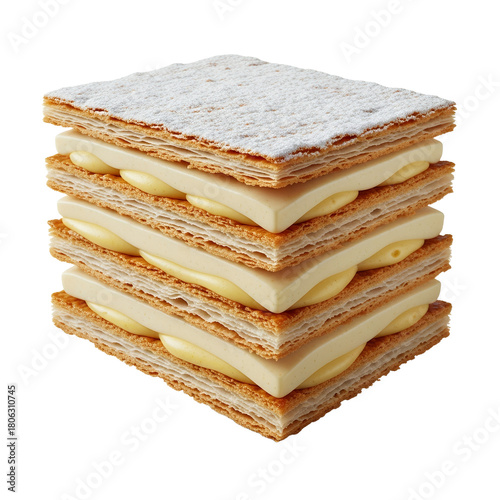 Delicate mille-feuille pastry creation enticing a delightful dessert experience featuring layers of flaky pastry and custard cream filling