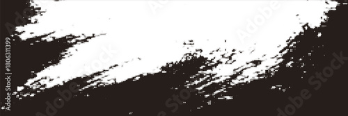 Halftone overlay resembling white bold brush stroke. White dot texture on black background. Vector banner template with text place for design and creative projects.