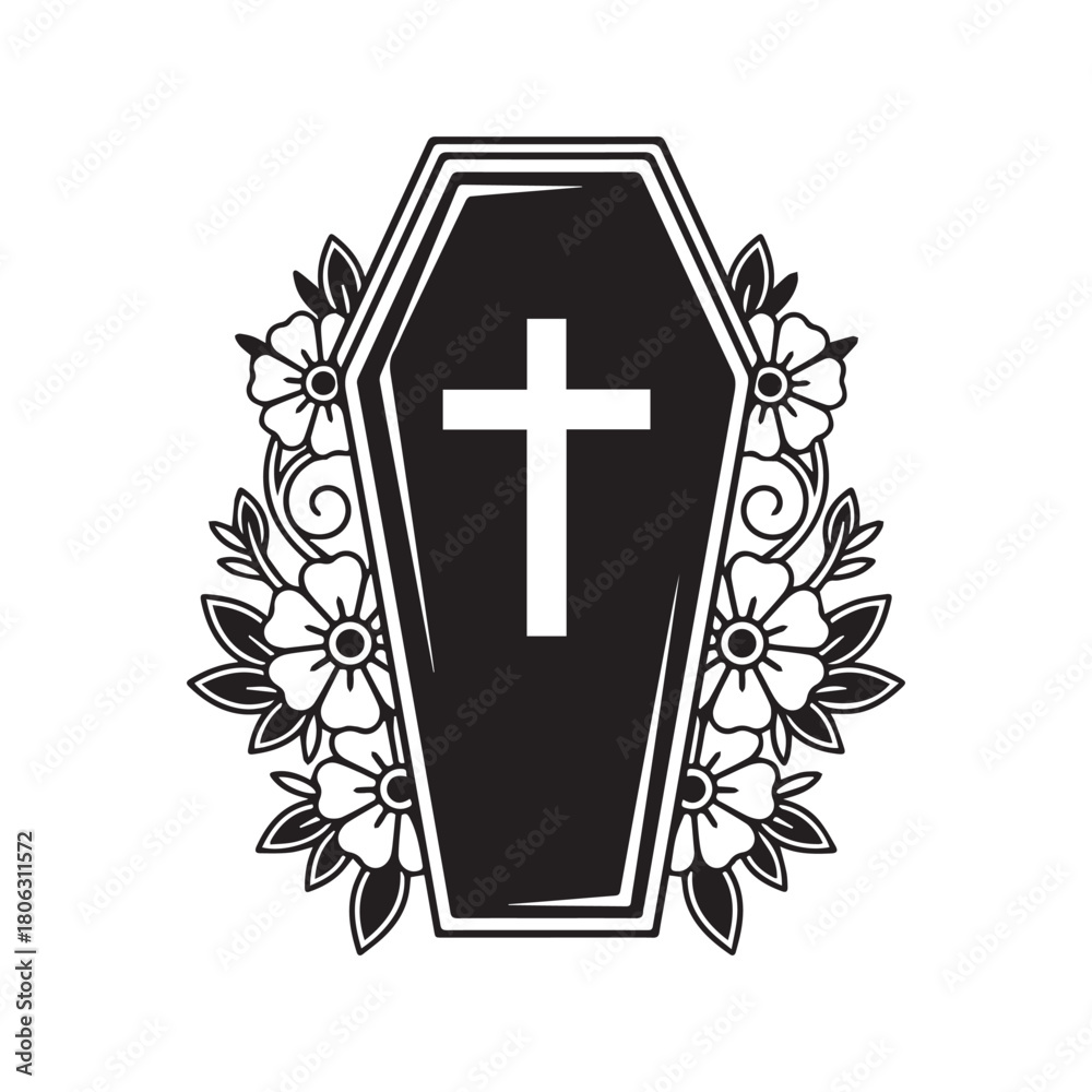 Obraz premium Coffin with cross and flowers vector illustration. Funeral casket silhouette with floral wreath isolated on white background. Death and memorial symbol. 
