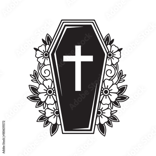 Coffin with cross and flowers vector illustration. Funeral casket silhouette with floral wreath isolated on white background. Death and memorial symbol.
