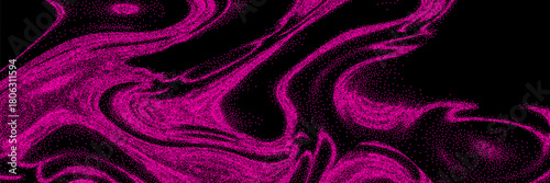 Bright pink psychedelic stipple pattern on the black background. Retro surreal wavy fluid line with noise filter effect. Vector overlays effect banner for template and graphic design project.