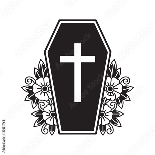 Coffin with cross and flowers vector illustration. Funeral casket silhouette with floral wreath isolated on white background. Death and memorial symbol.

