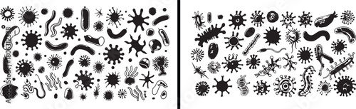 microbiology bacteria doodle set, science biology vector, germs and virus illustration, hand drawn micro organism art, microscopic biology elements, education science artwork, pathogen cartoon design,
