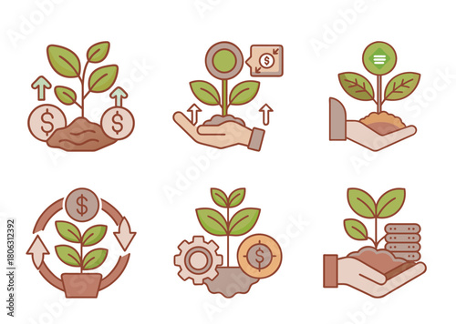Illustrations symbolizing financial growth, investment, and sustainable business strategies for development