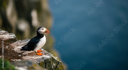 Atlantic Puffin Perched on Cliffside Overlooking the Ocean, Wildlife Photography.