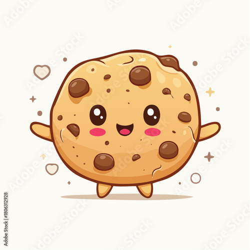 Cute chocolate chip cookie with smiling face and colorful sparkles in kawaii cartoon style.