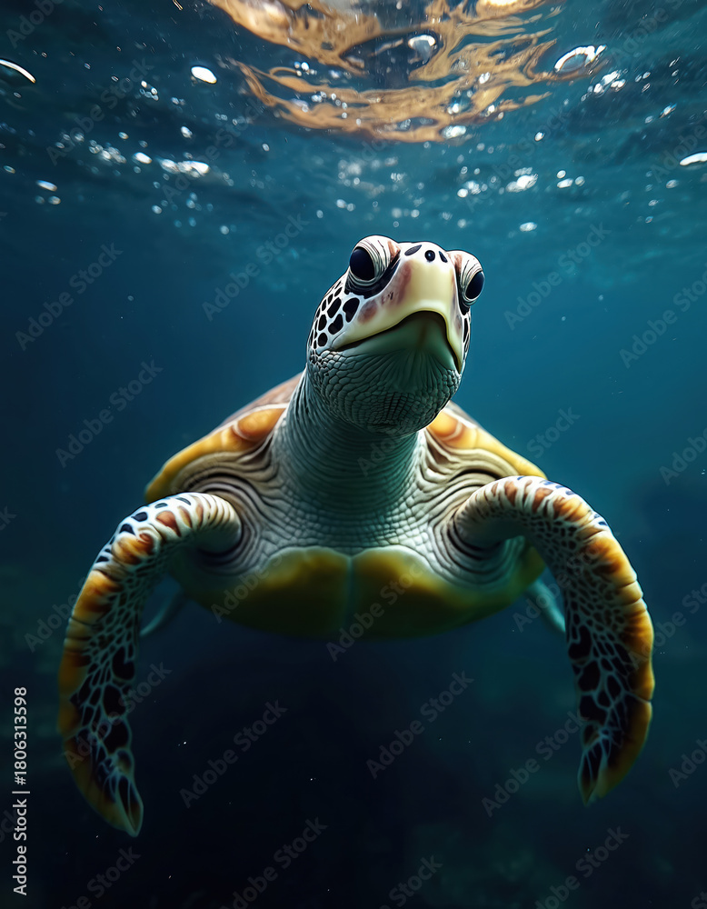 Obraz premium Pig-nosed turtle swims in deep blue ocean water. Aquatic reptile glides gracefully with flippers exploring underwater world. Small bubbles rise to surface.