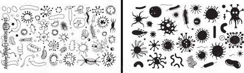 microbiology bacteria doodle set, science biology vector, germs and virus illustration, hand drawn micro organism art, microscopic biology elements, education science artwork, pathogen cartoon design,