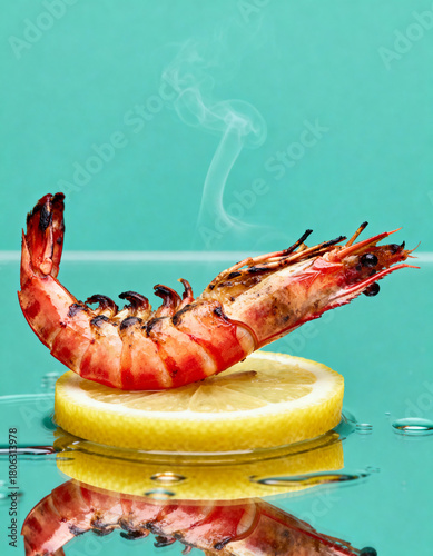 Grilled tiger prawns with lemon on turquoise background