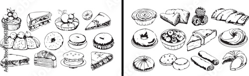 pie and dessert illustration, sweet food vector, bakery pastry drawing, homemade pie clipart, tart dessert artwork, dessert menu design, hand drawn food collection, bakery dessert outline, vintage swe