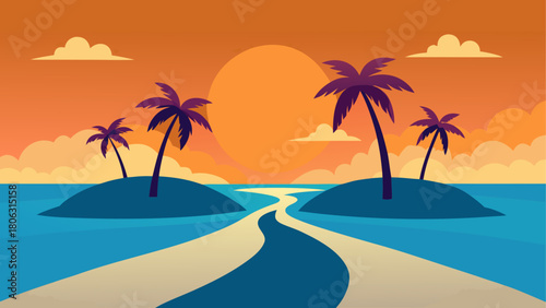 Stylized tropical island landscape with palm trees and a winding path at sunset