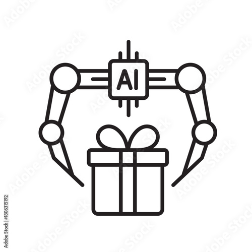 A vector icon representing a robotic gift wrapping system powered by AI, created in line style with editable stroke