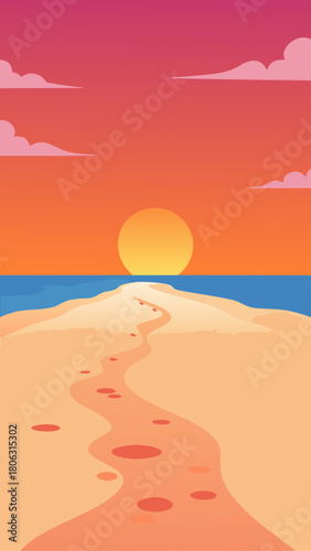 Path leading to the ocean at sunset with colorful sky and clouds