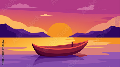 Serene sunset over a calm lake with a solitary boat