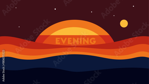 Stylized sunset over the ocean with the word evening in the sun