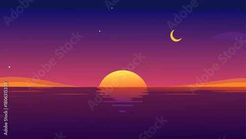 Vibrant sunset over calm ocean with crescent moon and stars