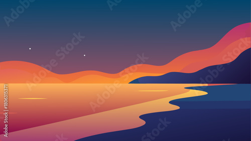Minimalist sunset over the ocean with colorful sky and calm water