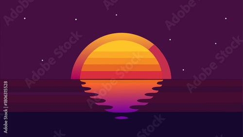 Vibrant sunset over calm ocean with reflection and stars