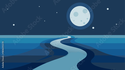 Stylized night landscape with a winding river under a large moon and stars