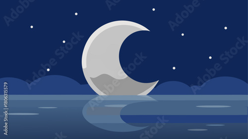 Crescent moon reflecting on calm water under a starry night sky