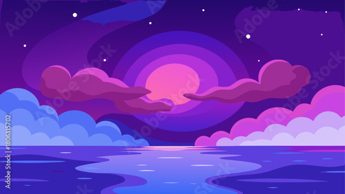 Vibrant sunset over a calm ocean with purple and pink clouds and stars
