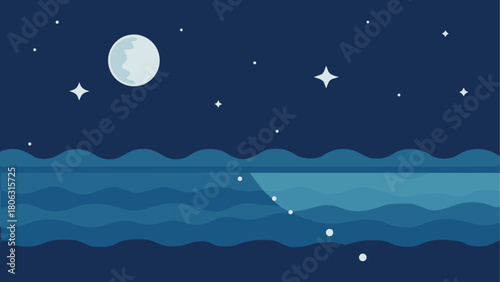 Calm night sky with moon and stars reflected on the ocean surface