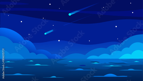 Stylized night sky with shooting stars over a calm body of water and clouds