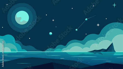 Calm night landscape with moon stars and ocean reflection