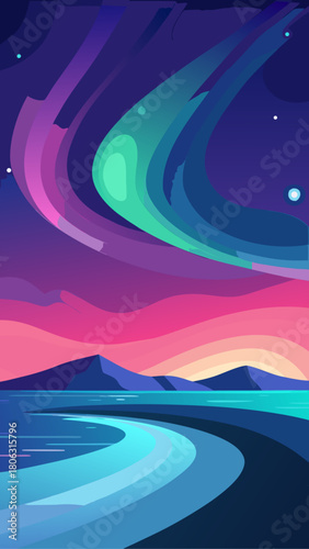 Vibrant aurora borealis over a serene lake and mountains