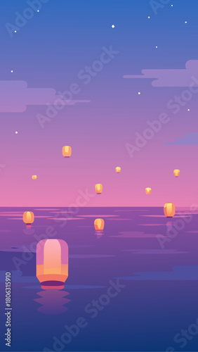 Floating lanterns on water at sunset with a purple and blue sky